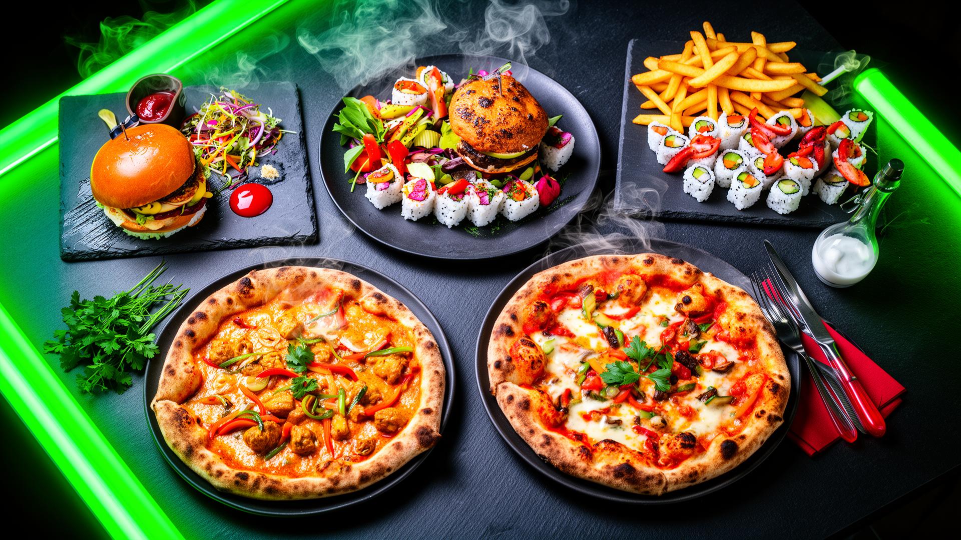 Vibrant spread of pizzas, burgers, sushi and fries on a slate table with neon green accent lighting